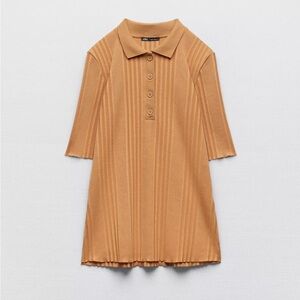 Zara Ribbed Co-ord set Tan Polo Shirt with Striped Texture and midi skirt